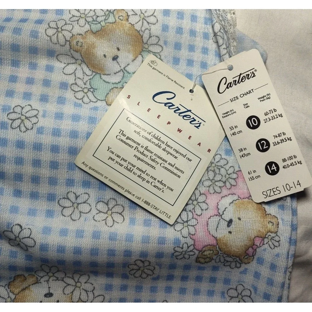 VTG Carter's Girl Sz 14 Bear 1pc Sleep Romper Pajama Blue White Flower Polyester